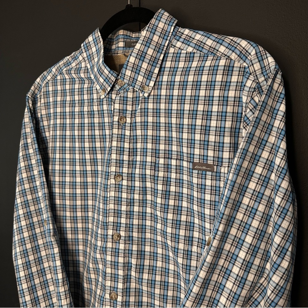 Eddie Bauer Men's Blue Plaid Long Sleeve Shirt Size Medium